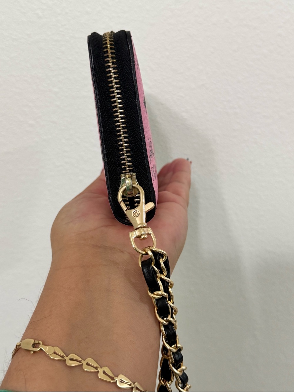 MCM Pink Logo Zip-Around Wallet Wristlet with Chain Strap - Picture 11 of 12